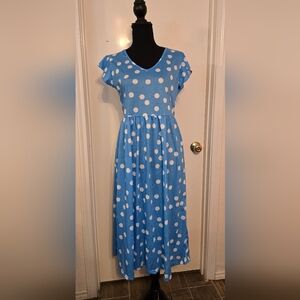 #351 Women's dress light blue and white polka dots